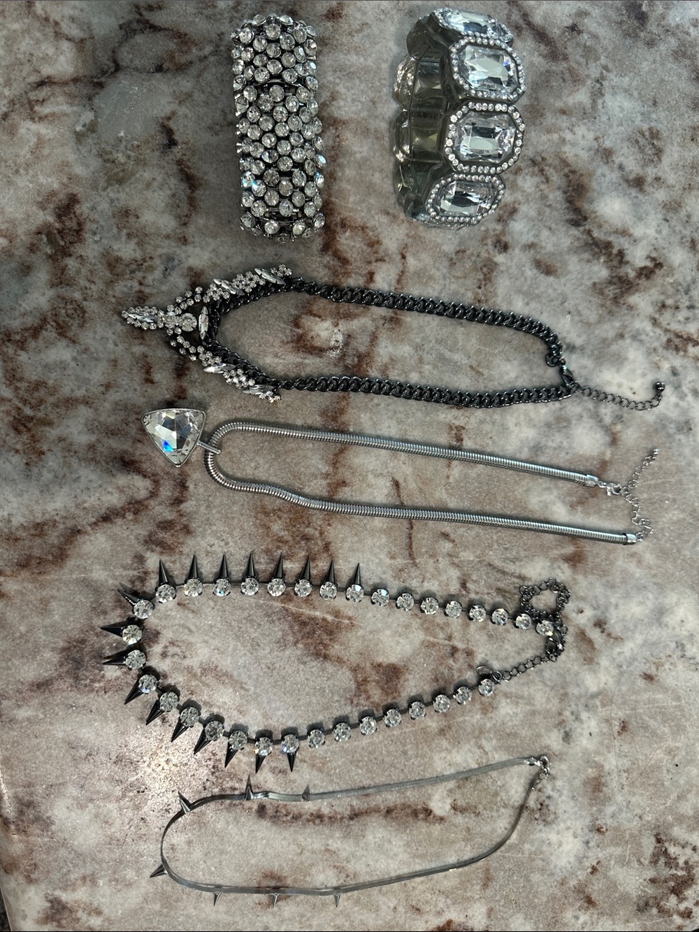 Silver Crystal and Spike Statement Necklace Lot - Costume Jewelry and Bracelets
